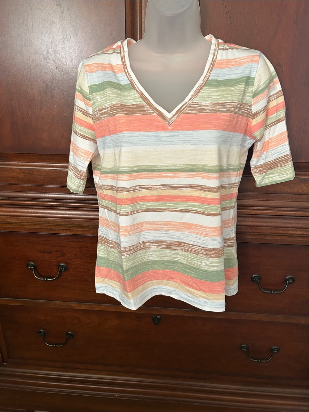 Chico's Striped V-Neck Short Sleeve Top in Coral, Sage, Cream & Brown